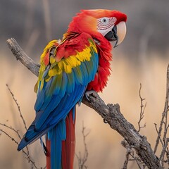 Aufkleber - Vibrant scarlet macaw perched on a branch, showcasing its colorful plumage against a blurred background.
