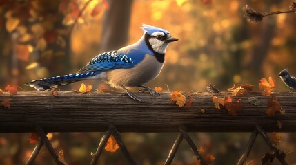 Poster - Blue jay perched on autumn fence with blurred background.