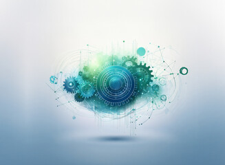 Fototapete - Abstract digital illustration of interconnected gears and nodes, symbolizing complex technology and innovation.  A teal and green color palette evokes a sense of progress and efficiency.