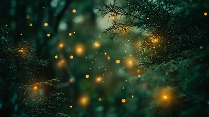 Aufkleber - Magical fireflies glowing in a dark forest at night.
