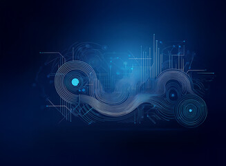 Poster - Abstract digital art depicting a flowing, dark grey waveform integrated with glowing blue circuit lines and nodes against a deep blue background.  Suggests technological advancement and connectivity.