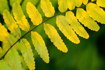 Poster - Close-up of a fern branch with vibrant yellow leaves against a blurred green background.