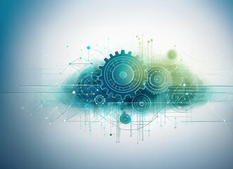 Poster - Abstract illustration depicting a cloud computing system.  Interconnected gears and nodes symbolize complex technological processes within a cloud infrastructure.