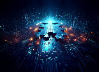 Fototapete - Glowing puzzle pieces interconnect on a futuristic circuit board, symbolizing digital integration and problem-solving.  A powerful visual metaphor for technological synergy.