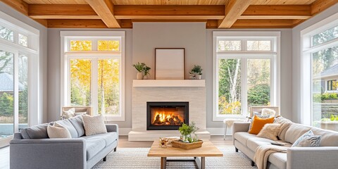 Poster - Cozy living room with fireplace, large windows, and wooden beams.