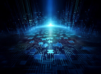 Aufkleber - Abstract digital art depicting a glowing, futuristic cityscape composed of interconnected puzzle pieces on a circuit board, suggesting technological innovation and global connectivity.