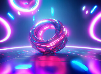 Aufkleber - A mesmerizing 3D rendering of a metallic sphere encircled by vibrant pink and blue neon rings, set against a dark, futuristic background.  The scene evokes a sense of energy and dynamism.