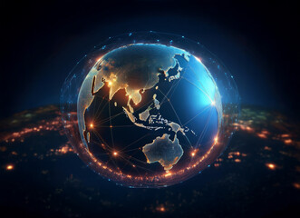 Aufkleber - A digitally enhanced image of Earth at night, showcasing interconnectedness via glowing lines representing global communication networks and data flow.  City lights illuminate continents.