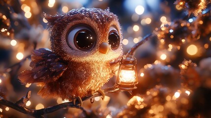 Poster - Cute cartoon owl holding lantern, magical Christmas lights.