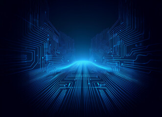 Fototapete - Abstract digital illustration of a glowing blue pathway resembling a circuit board, extending into a dark, technological space.  The perspective suggests depth and movement within a digital world.