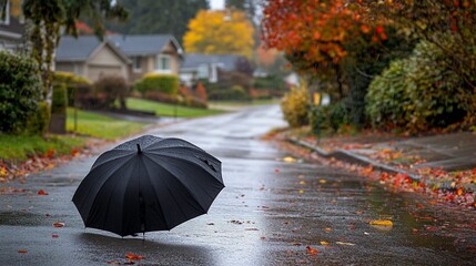 Poster - Black umbrella lies on a rain-soaked residential street during autumn, leaves scattered around.