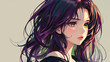 © Chatupat - young woman with flowing purple gradient hair and golden eyes gazes thoughtfully, her expression serene and mysterious.