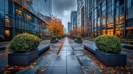 Poster - Autumnal city street scene with modern architecture, fallen leaves, and lush greenery.