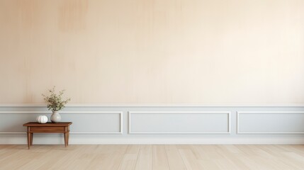 Aufkleber - A white wall with a wooden table and a vase of flowers on it. The room is empty and has a minimalist feel. AI generated.