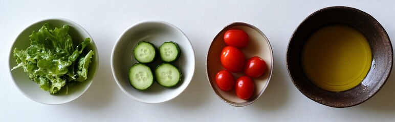 Poster - Four bowls of salad ingredients lettuce, cucumber slices, cherry tomatoes, and olive oil.