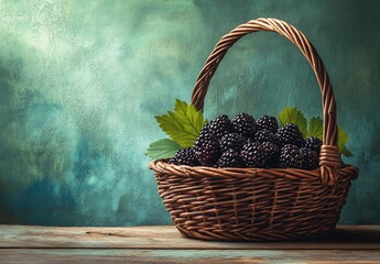 Poster - Ripe blackberries in a rustic wicker basket on wooden surface against a teal background.