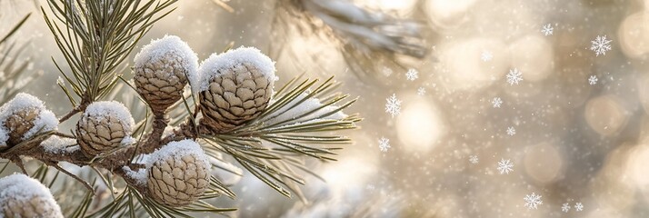 Poster - Snow-covered pine cones on a branch with a soft, blurred background of falling snowflakes.