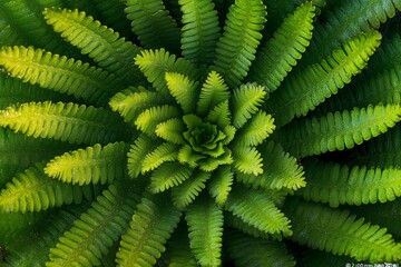 Sticker - Close-up overhead shot of a vibrant green fern, showcasing its intricate leaf structure and radiating pattern.