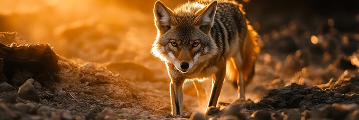 Poster - Majestic coyote at sunset, backlit, intense gaze, earthy tones, wildlife.