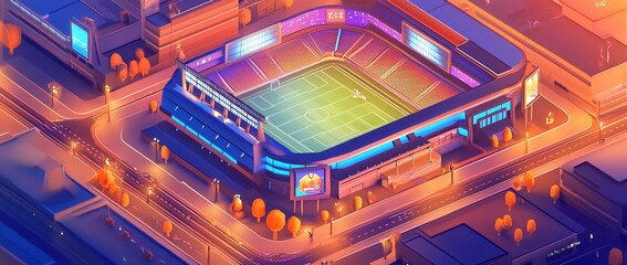 Aufkleber - Night view of illuminated stadium in city.
