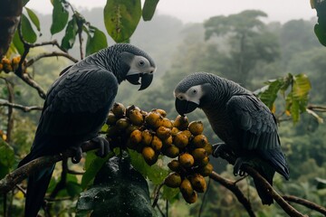 Poster - Two grey parrots perched on a branch, eating yellow berries in a lush rainforest.