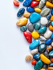 Poster - Colorful polished stones arranged on white background, leaving copy space.