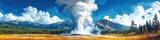 Dynamic geyser eruptions in Yellowstone National Park, steam rising, vibrant hot spring colors, showcasing nature's raw power and beauty