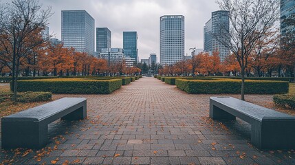 Poster - Autumnal city park with benches, paved path, and skyscrapers in the background.