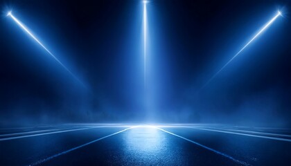 Wall Mural - blue dark background of empty foggy street with wet asphalt, illuminated by a searchlight