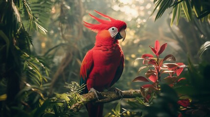 Poster - Vibrant red parrot perched on a branch in a lush rainforest, sunlight filtering through leaves.