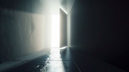 Poster - A dark hallway with a door that is open to the light. The light shining through the door creates a sense of hope and possibility. AI generated.