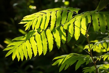 Aufkleber - Sunlit fern frond, vibrant green leaves, backlit detail.