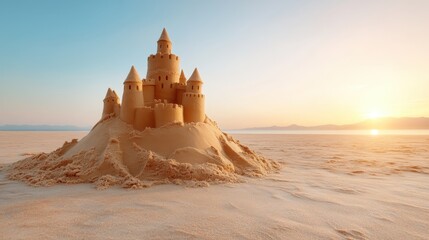 This elegant sand castle, lit by the warm light of the dusk, exudes a sense of wonder and imagination, capturing the essence of childhood creativity by the oceanfront.