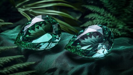 Poster - Two pear-shaped green gemstones rest on a dark green velvet surface, surrounded by lush green foliage.
