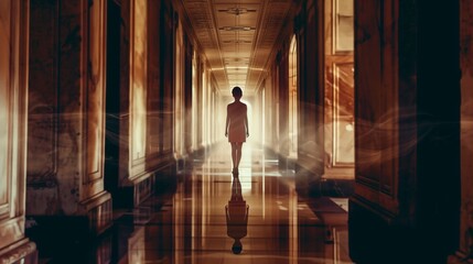 Poster - A woman is walking down a long hallway with a dark, eerie atmosphere. The hallway is dimly lit, and the woman is the only person in the scene. AI generated.