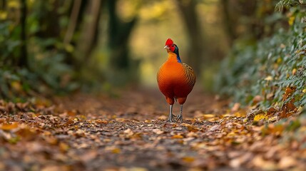 Poster - Vibrant orange and blue pheasant standing on a leaf-covered path in an autumnal forest.