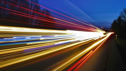 Poster - A long, colorful streak of light is seen on a road. The streaks are bright and vivid, creating a sense of motion and energy. The image conveys a feeling of excitement and movement. AI generated.
