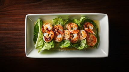 Poster - Grilled shrimp Caesar salad on a white rectangular plate, served on a dark wooden table.