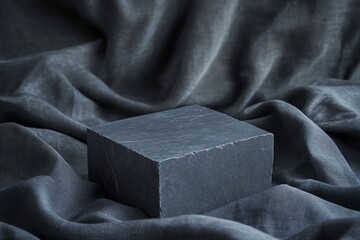 Poster - Dark gray stone cube on draped fabric. (1)