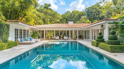 Poster - Luxury home with pool, lush landscaping, and tropical setting.