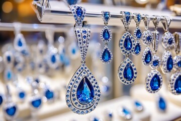 Poster - Elegant blue gemstone pendants and earrings displayed on a jewelry stand.