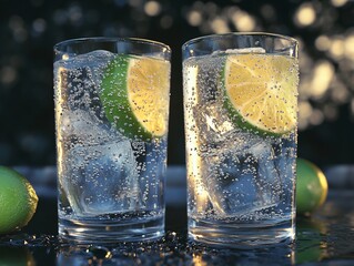 Poster - Two glasses of sparkling water with lime wedges and ice cubes on a dark surface.