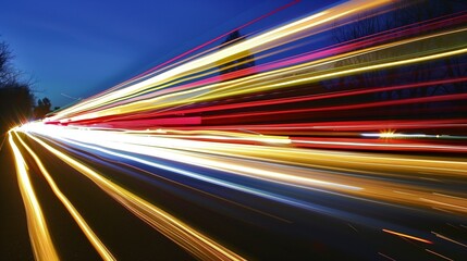 Poster - A long, colorful streak of light is seen on a road. The streaks are bright and vivid, creating a sense of motion and energy. The image conveys a feeling of excitement and movement. AI generated.