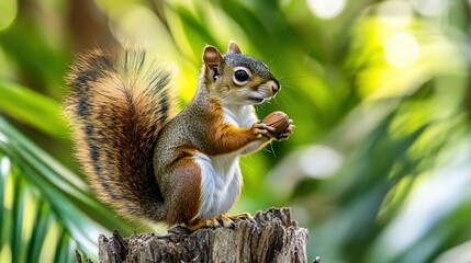 Poster - Adorable red squirrel sitting on a tree stump, holding a nut, surrounded by lush green foliage. (1)