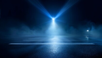 Wall Mural - blue dark background of empty foggy street with wet asphalt, illuminated by a searchlight