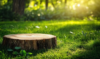 Aufkleber - Sunlit tree stump in vibrant green grass.
