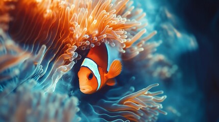 Poster - A vibrant clownfish hides within a sea anemone's protective tentacles, showcasing its striking orange and white stripes against a backdrop of blue hues.