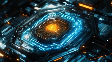 Wall Mural - Close-up of a futuristic, glowing technological circuit board with intricate details and vibrant blue and orange accents.