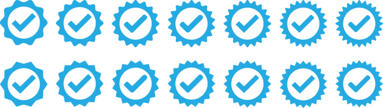 Collection of different style star shaped social media icons. Set of check mark icons. Flat line art. Vector Blue Verified Badge. Blue Verified badge icon set.