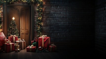 Poster - Christmas gifts and tree by doorway, brick wall background.